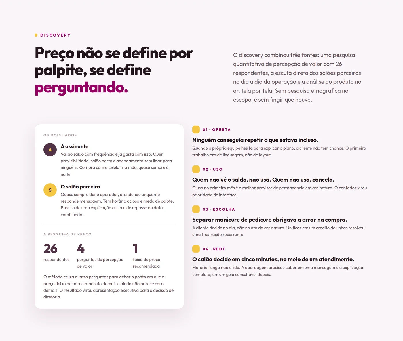 Discovery do projeto com pesquisa de percepção de valor junto a 26 respondentes
