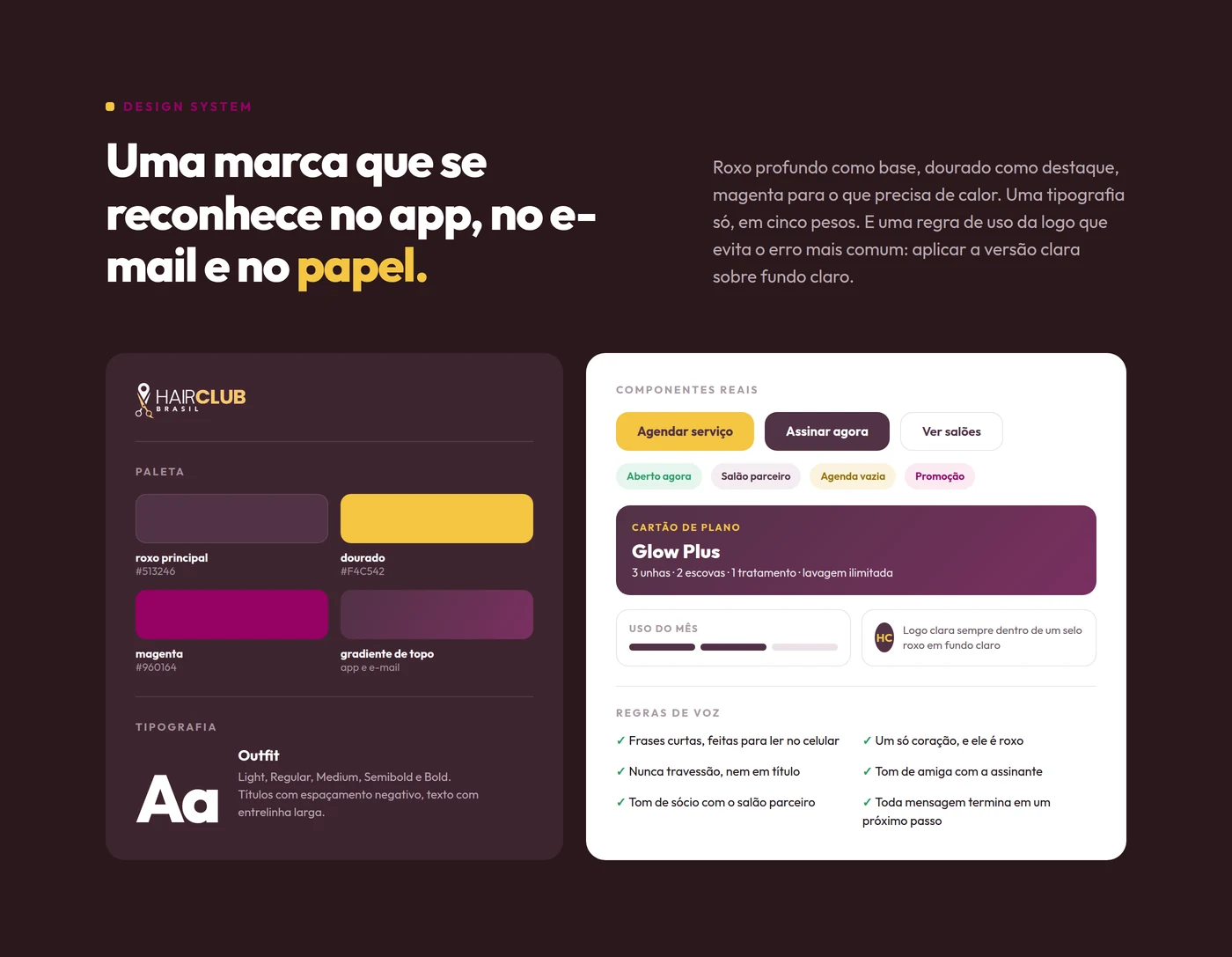 Paleta de cores, tipografia e componentes do design system do HairClub