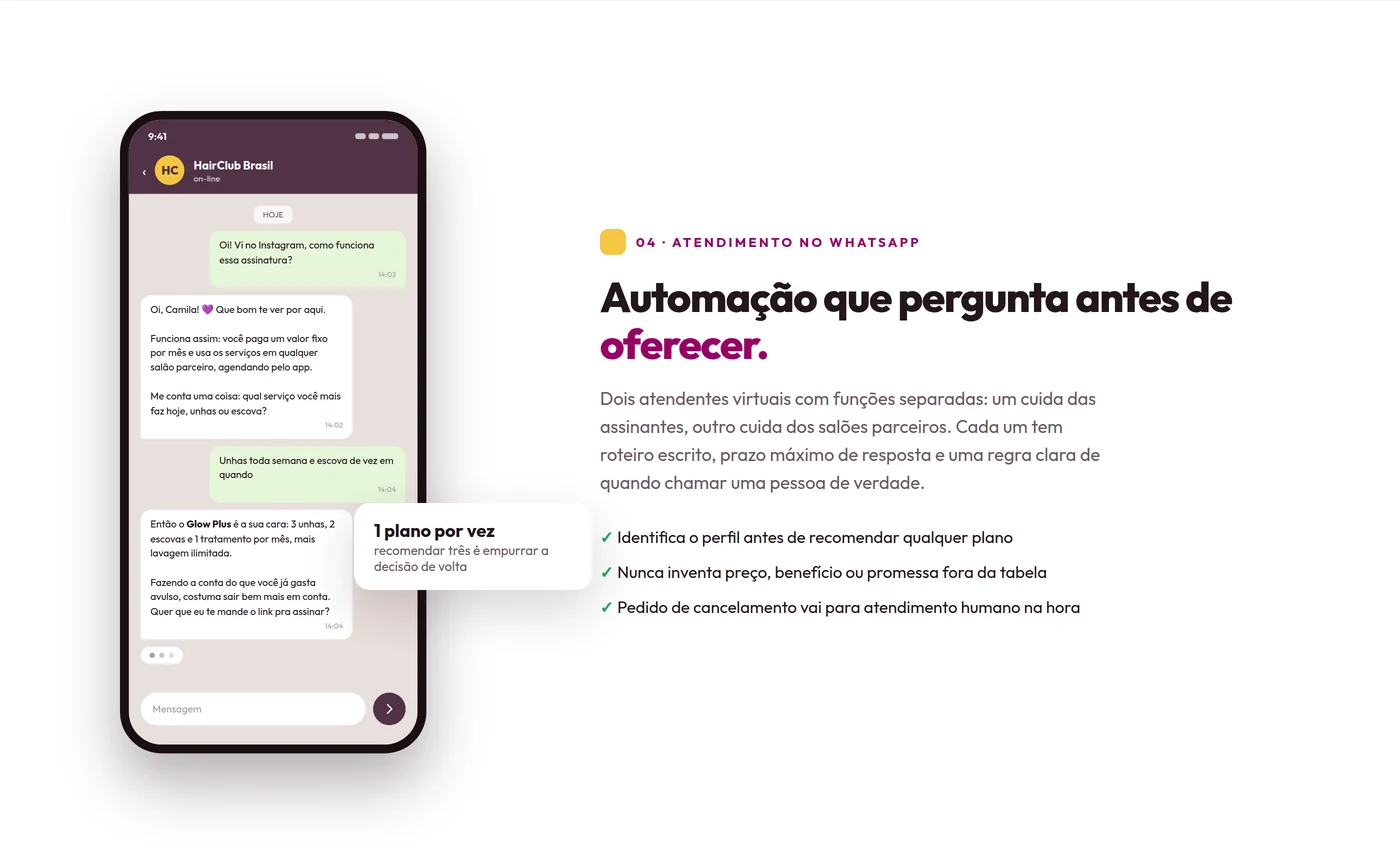Atendimento automatizado do HairClub no WhatsApp