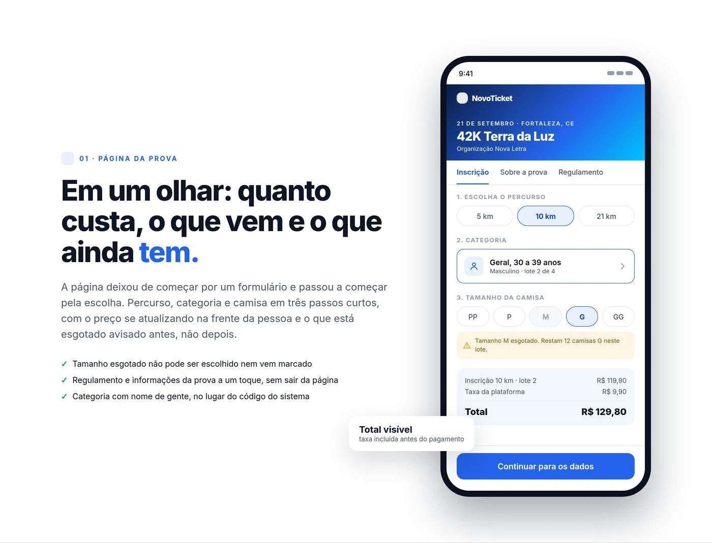 Tela da página do evento com escolha de percurso, categoria e kit