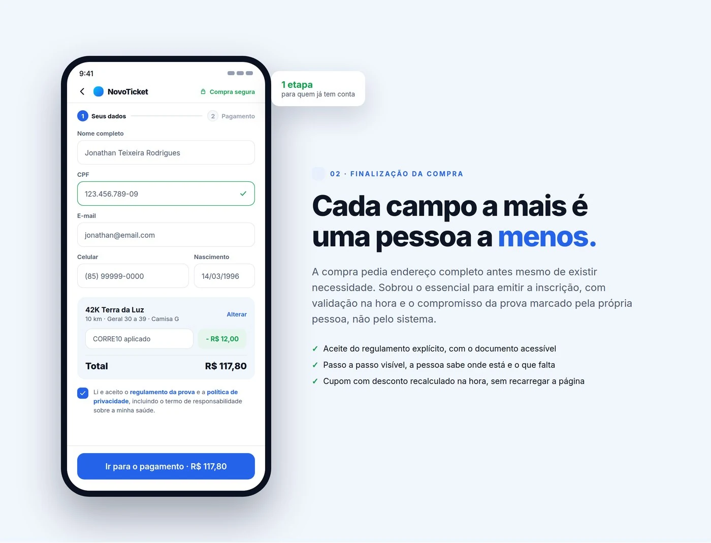 Tela de finalização de compra com estoque honesto e aceite de regulamento